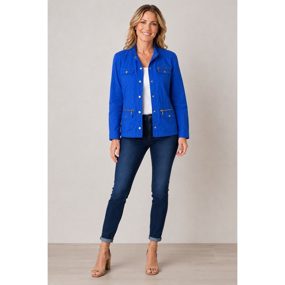 Chico's Royal Blue Utility Jacket Gold Hardware Pockets 100% Linen Women's Sz S